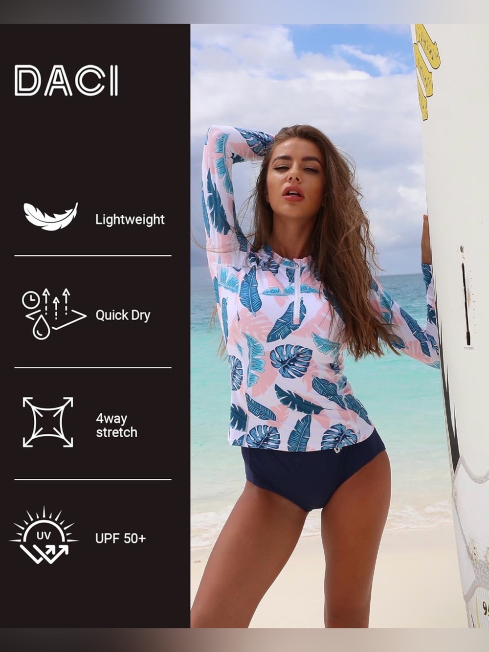 Long-Sleeve Pink Tropical Leaf Rash Guard Swim Suit with Navy Bottoms - Size M - Picture 3 of 6